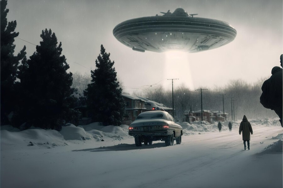 A snowy road with a car, people, and a UFO above