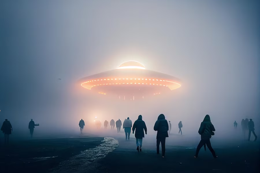 UFO hovering above people in a foggy place