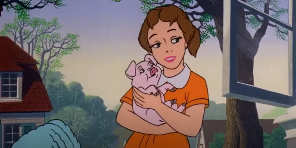 Cartoon girl holding a pig