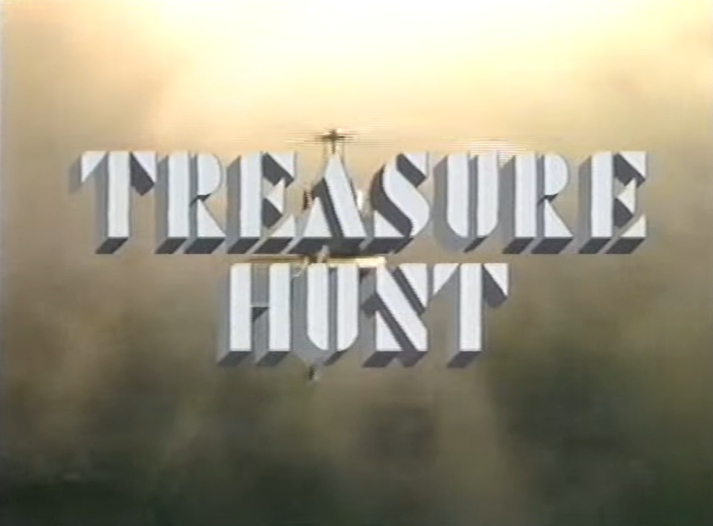 treasure hunt white words in the cloudy sky and helicopter